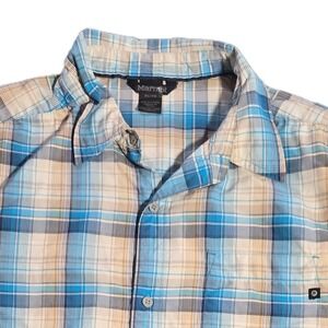 Marmot Mens XL Short Sleeve Plaid Button Up Shirt Blue Tan Hiking Outdoor